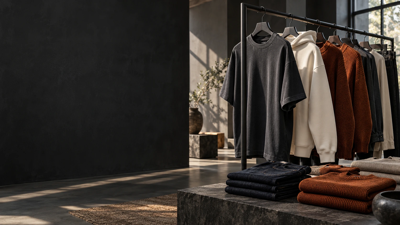 Illustrative premium apparel collection with cotton shirts, hoodies and knitwear